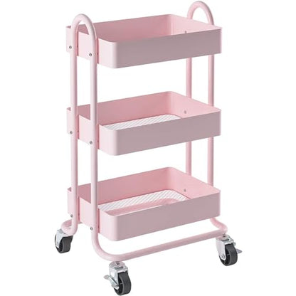 Metal Rolling Cart,3-Tier Pink Rolling Cart with Wheels,Metal Utility Cart with Wheels for Office,Home,Kitchen,Garden（13.4"x18.1"x31"） Pink - color: Pink, size: 31"H