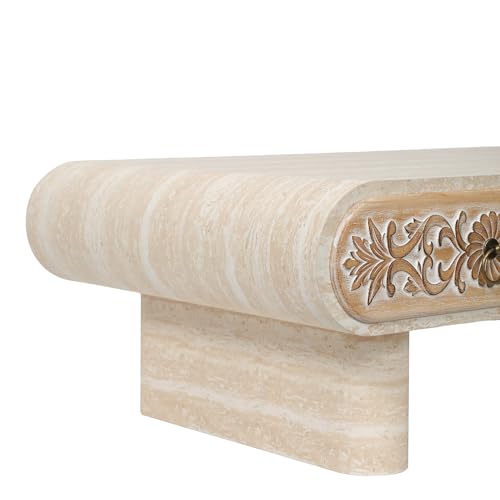 39.4" Rounded Edge Coffee Table with Flower Pattern Solid Wood Drawer for Living Room, Rectangular MDF Wooden Center Table Tea Table for Apartment, Beige - color: 39.4" Rounded Edge Coffee Table With Flower Pattern,beige