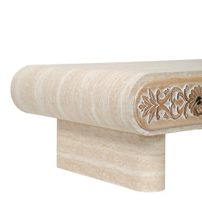 39.4" Rounded Edge Coffee Table with Flower Pattern Solid Wood Drawer for Living Room, Rectangular MDF Wooden Center Table Tea Table for Apartment, Beige - color: 39.4" Rounded Edge Coffee Table With Flower Pattern,beige