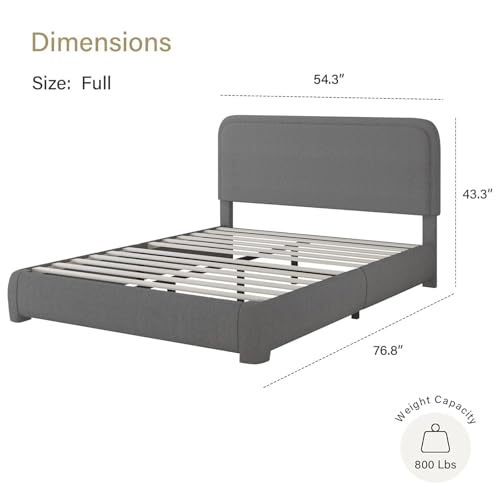 BarnFurin Full Bed Frame, Cloud Boucle Headboard, Low Profile, Dark Grey | Soft boucle and rounded edges create a low-profile cloud look. Wooden slats support the mattress without a box spring - color: Dark Grey, size: Full