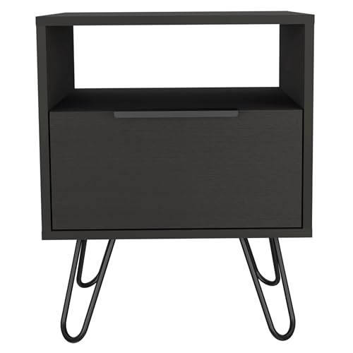 Tuhome Augusta Nightstand, Small Night Stand with Storage Drawer & Open Shelf, 22.2" Tall Narrow Bedside Table on Metal Hairpin Legs, Engineered Wood, Black or Light Oak - color: Black