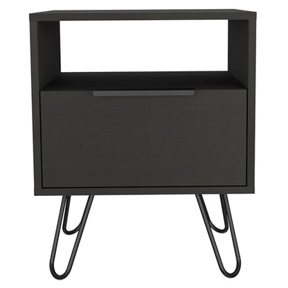Tuhome Augusta Nightstand, Small Night Stand with Storage Drawer & Open Shelf, 22.2" Tall Narrow Bedside Table on Metal Hairpin Legs, Engineered Wood, Black or Light Oak - color: Black
