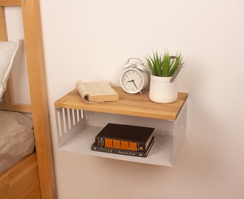 Floating Nightstand with White Metal Base, Wooden Top and Sturdy Metal Base, Minimalist Bedside Table, Wall Mounted Shelf, Bedside Shelf (Madrid) - color: Madrid