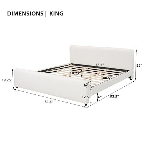 Merax King Size Luxury Bouclé Upholstered Bed Frame, White | Modern Curved Platform Bed with Rounded Headboard & Footboard, No Box Spring Needed, Solid Wood Slats Support, Easy Assembly - size: King