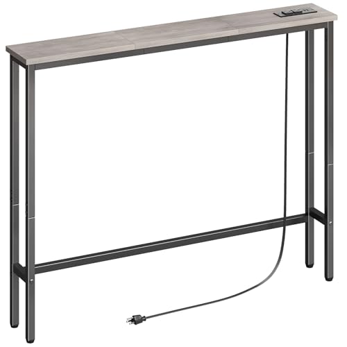 ELYKEN 39.4'' Narrow Console Table with Outlet, Sofa Table Behind Couch | Skinny Entryway Tables with Charging Station for Living Room, Hallway, 5.9 x 39.4 x 29.5in, Gray - color: Grey, size: 5.9"DX39.4"WX29.5"H