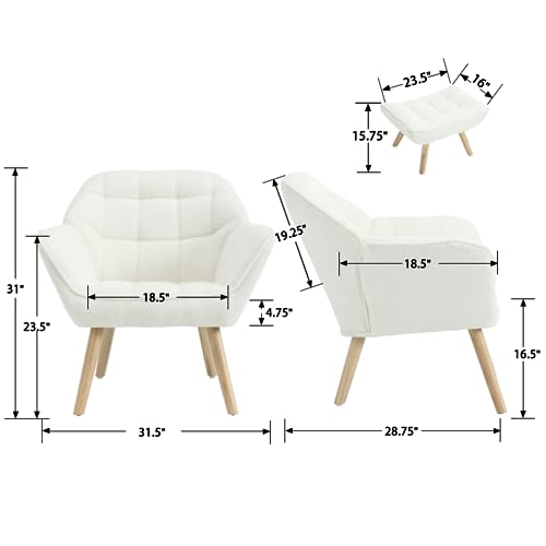 Modern Sherpa Accent Chair with Ottoman, Fluffy Upholstered Lounge Chair with Footrest, Comfy Living Room Side Boucle Armchair for Small Space Bedroom Apartment, White - color: White With Ottoman