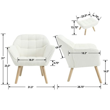 Modern Sherpa Accent Chair with Ottoman, Fluffy Upholstered Lounge Chair with Footrest, Comfy Living Room Side Boucle Armchair for Small Space Bedroom Apartment, White - color: White With Ottoman