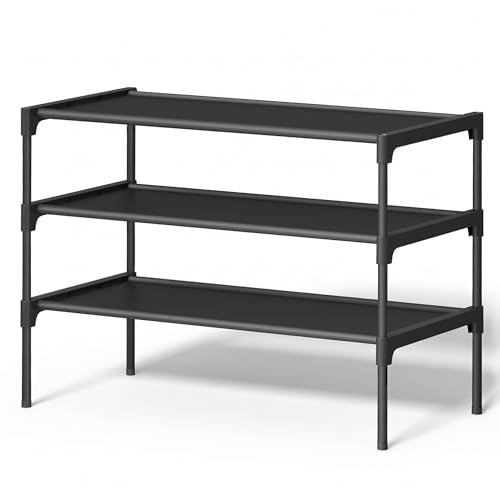 SONGMICS Shoe Rack, Space-Saving, Entryway, Metal Frame | Space-Saving Shoe Storage Organizer, Non-Woven Fabric Shelves, ULSH023BH01 - color: Ink Black, size: 3 Tiers (24.5"W)