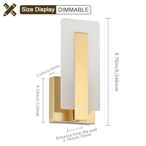 Joosenhouse Modern LED Wall Sconce Set of 2, Dimmable Hardwired Bathroom Vanity Light Indoor Wall Sconce for Hallway, Bedroom, Study, Living Room, 9.76 Inch Brass Wall Lights - color: Brass-Dimmable