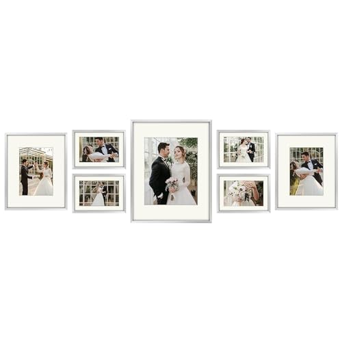 Golden State Art 7 Pack Aluminum Frames, Includes 5x7 8x10 11x13, Silver | Shatter-resistant Glass, Assorted Sizes: One 11x14, Two 8x10, Four 5x7, Horizontal/Vertical Wall Mount & Tabletop Display - color: Silver, size: Style 1