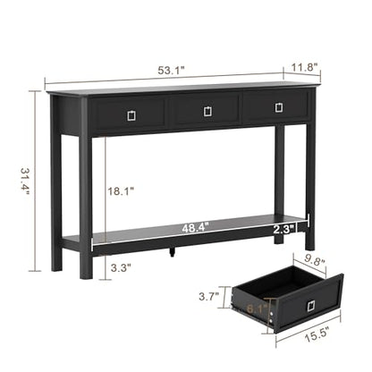 Treocho 53.1" Console Table with 3 Drawers, Sofa Table Behind Couch, 2 Tier | Long Entryway Table with Storage, Modern, For Hallway, Living Room, Black - color: Black