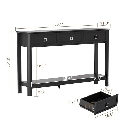 Treocho 53.1" Console Table with 3 Drawers, Sofa Table Behind Couch, 2 Tier | Long Entryway Table with Storage, Modern, For Hallway, Living Room, Black - color: Black