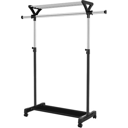Clothes Rack on Wheels with Extra Top Storage Shelf, Expandable Rolling Garment Rack for Hanging Clothes, Heavy-duty Metal Stainless Steel Adjustable Organizer for Bedroom, Living Room