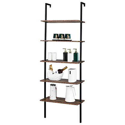 5-Shelf Modern Bookcase, Open Wall Mount Ladder Bookshelf with Industrial Metal Frame for Living Room Bedroom Home Office (Brown5) - color: Brown5