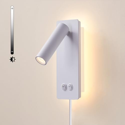 Dimmable Wall Lamps Wall Mounted Reading Lights for Book at Night, Plug in Hardwire 2 in 1 Sconces, 6W Night Light & 3W Headboard Lights, Adjustable Wall Sconces for Study Bedside Closet Dorm (White)