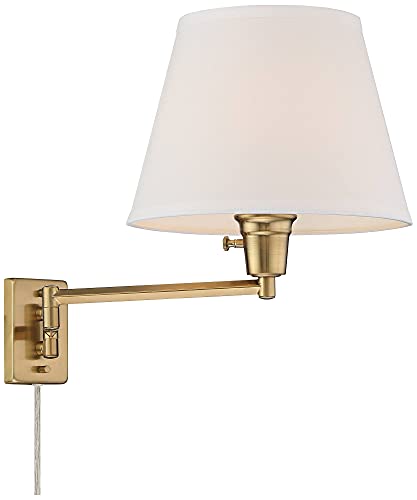 Valentine Warm Gold Swing Arm Plug-In Wall Lamps Set of 2 Light Fixture | Modern White Linen Hardback Shade for Bedroom Bedside House Reading Living Room Home Hallway Dining