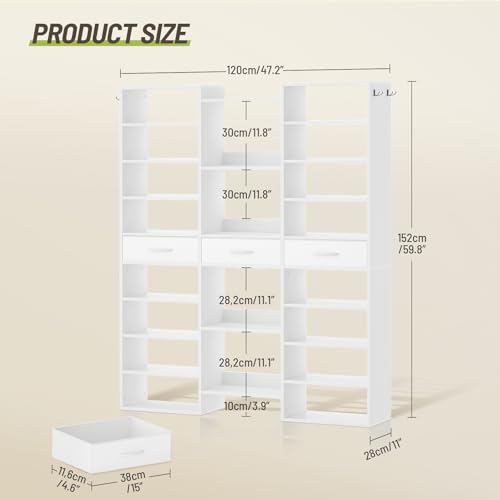 Tall Shoe Rack, 9 Tiers Large Shoe Cabinet with Fabric Drawers, Holds up to 44 Pairs, Modern Entryway Shoe Shelves Organizer with 21 Open Cubbies, Wooden Shoe Rack for Closet, Hallway, White