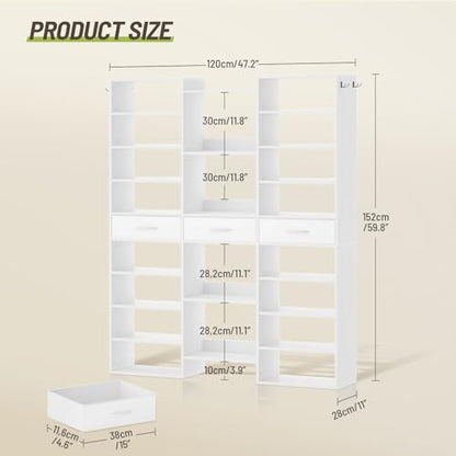 Tall Shoe Rack, 9 Tiers Large Shoe Cabinet with Fabric Drawers, Holds up to 44 Pairs, Modern Entryway Shoe Shelves Organizer with 21 Open Cubbies, Wooden Shoe Rack for Closet, Hallway, White