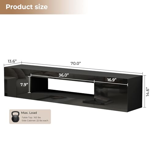 BREEZEHEAT 70'' Floating TV Stand, Wall Mounted TV Cabinet, High Glossy Entertainment Center-Modern Media Console Fits 65-80 Inches TV for Living Room/Bedroom, Remote Control, Black - color: Black
