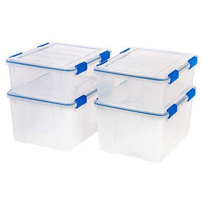 IRIS USA 4-Pack 26.5/44 Combo Qt Storage Bins with Gasket Lids, Clear/Blue | WeatherPro seal helps block dust and moisture Multiple sizes organize every room with confidence - size: 27 & 44 Qt. Combo