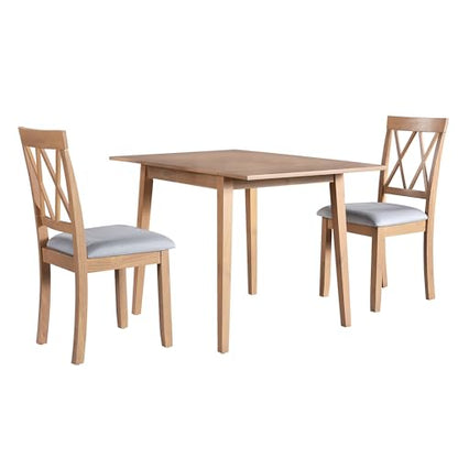 3Pcs Dining Set with Drop Leaf Dining Table and 2 X-Back Chairs, Solid Wood Kitchen Table Set for Small Place, Natural+Grey - color: Natural+grey