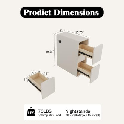 Modern Leather Nightstands of 2, Solid Wood Bedside Table with 2 Drawers & USB Charging Station, Small Preassembled End Table, Narrow Nightstand for Bedroom Living Room Office White - color: White, size: 8"