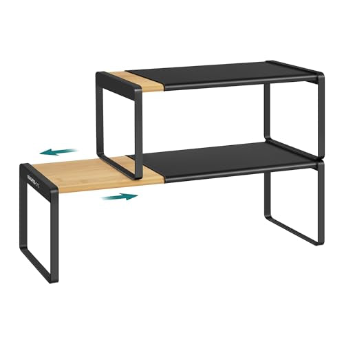 SONGMICS HOME Spice Rack, Expandable Cupboard Shelf Orgnizer,Bamboo | Kitchen Counter Shelves, Bamboo and Steel, Stackable, Ink Black, BYSTRO Collection UKCS051B01 - color: Light Bamboo + Ink Black, size: 2 Pack