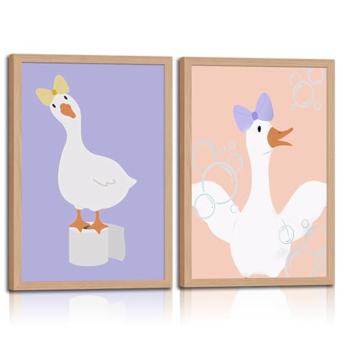 Framed Goose Bathroom Decor Poster Prints, Kids Toddler Bathroom Wall Art, Pastel Funny Animal Poster Art for Toilet Washroom Decorations 12X16in - color: Cute duck, size: 12x16in