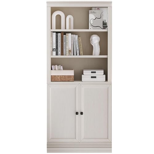 JAHRSTIM Halston Bookcase with Doors, 5-Tier Tall Storage Shelf, Adjustable Shelving Unit Closet Organizer and Storage for Living Room Home Office Bedroom, Modular Bookcase Bookshelf with Doors - color: Cream, size: Standard w/Doors
