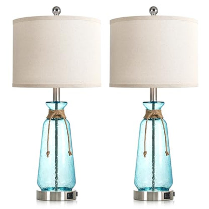 Rinweey 26" Coastal Lamps for Living Room Set of 2,3-Way Dimmable Bedside Lamps with USB Ports and AC Outlet, Nautical Lamps for Nightstand Bedroom Living Room,Teal - color: Coastal