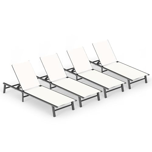 Foldable Outdoor Lounge Chair Set of 4, No Assembly Aluminum Chaise Lounge Outdoor with 5-Positions, Aluminum Pool Lounge Chairs with Portable Design for Poolside, Beach, Deck, Patio, White - color: White-upgraded, size: 4 Packs