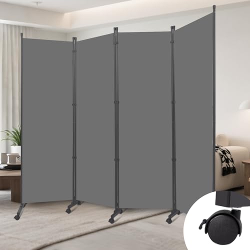 Folding Room Divider W/Wheels,Heavy Duty Base Privacy Screen Separator | 360° Smooth Lockable Rolling Wheels,Foldable Freestanding Wall Divider,Easy Movable Partition for Room Partition - color: Grey, size: B-88''W-4 Panel