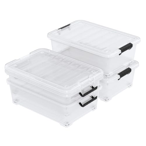 20 Quart Stackable Plastic Underbed Storage Bins with Lid, 4-Pack | Clear Flat Underbed Storage Containers Boxes with Wheels - size: 20 Quart