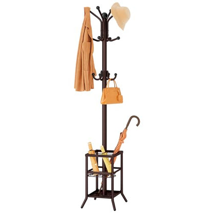 FAVOOSTY Coat Rack Freestanding,Coat Rack Stand with Umbrella Holder,Metal Coat Tree with 12 Hooks,Tree Clothes Hat for Entryway, Hallway, Bedroom, Living Room & Office -Brown - color: Brown