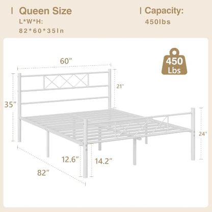 VECELO Queen Size Bed Frame with Headboard, Heavy Duty Bedframe with Strong Metal Slats, No Box Spring Needed & Easy Assembly, Pure White - color: Pure White, size: Queen