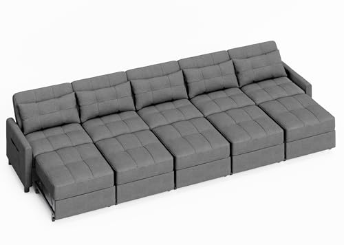 Aiho Pull Out Couch 5 Seater Sectional Sleeper Sofa, Dark Gray | Pull-out Sofa Bed with Adjustable Backrest and Spring Support for Comfortable Seating and Overnight Guests - size: 5 Seater