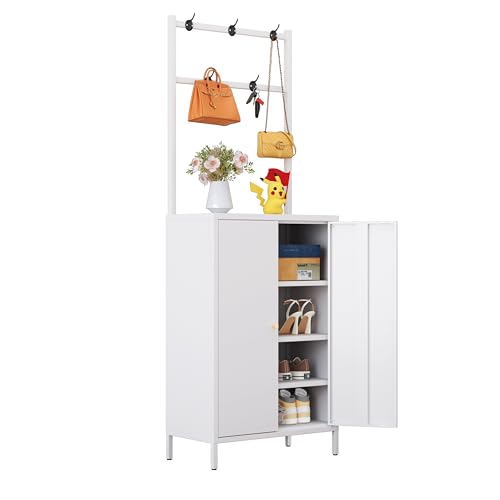 2in1 Hall Tree Shoe Cabinet for Entryway, Hallway, and Living Room,Metal Shoe Coat Rack Cabinet with 3 Adjustable Shelf,Shoe Storage Organizer with Hanging Bar & Hooks (Cabinet With Coat Rack, white) - color: White, style: Cabinet With Coat Rack