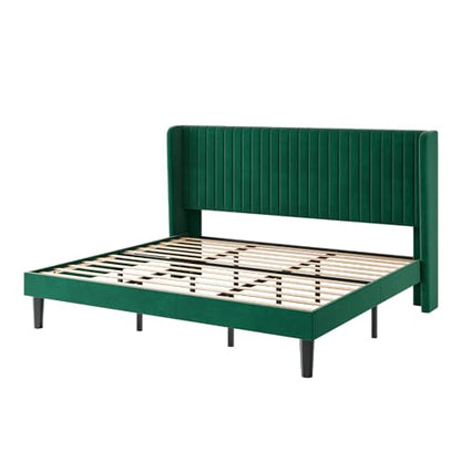 SHA CERLIN King Size Velvet Bed Frame, Tufted Wingback Headboard, Green | 47'' Modern Vertical Channel Headboard, Upholstered Platform Bed, Wood Slats, No Box Spring Needed, Easy Assembly, Noise Free - color: Green, size: King