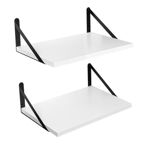 SAUMONIERES Floating Shelves Wall Mounted Bookshelf for Bedroom Bathroom Living Room Wood Wide Deep Storage, White Painted Wall Shelves Set of 2 - color: White Painted, size: 16 Inch