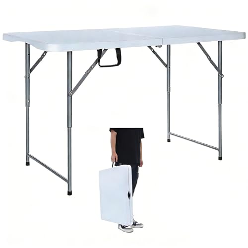 Folding Table 4 Foot Adjustable Height with Built in Handle, White | Portable Heavy Duty Plastic table,Outdoor Indoor For Camping Dining and Party,White - color: 48 Inches White