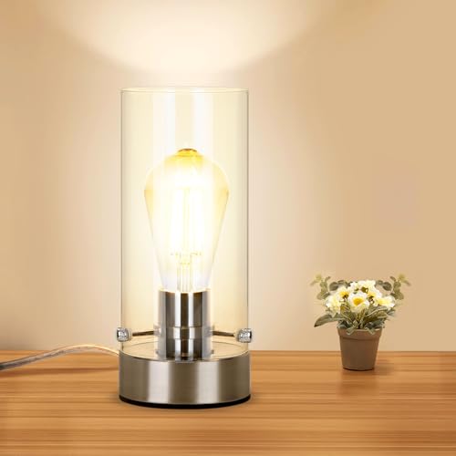 Bedside Table Lamp for Bedroom Living Room, Modern Nightstand Lamp | Desk Lamp with Glass Lamp Shape, 2700K 6W Glass Bulb Included(Nickel). - color: Nickel-Clear
