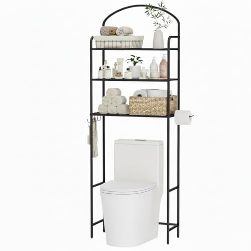 3 Tier Over The Toilet Storage Rack, Bathroom Organizer | Toilet Storage with 4 Hooks & Paper Holder, Space-Saving, Freestanding Bathroom Shelf, Metal, Black - color: Black, size: 3-tier