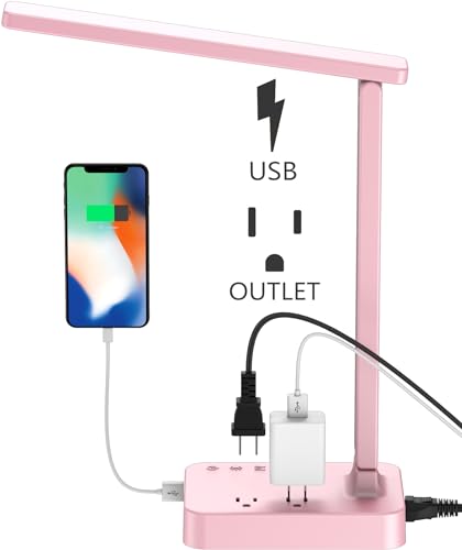 Drevet LED Desk Lamp, Desk Light with 1 USB Charging Port and 2 AC Power Outlet, 3 Lighting Modes, 3 Level Brightness,1H Timer, Touch Control, Eye-Caring Home Office Foldable Table Lamp (Pink) - color: Pink Classic 1USB/2AC