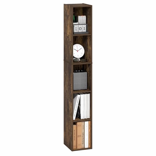 Furinno Fulda Book Shelf, 5-Tier Tall Narrow Bookshelf, Standing Bookcase with 8-in Width Storage Shelf, 9.3 x 7.9 x 51.9, for Organization Storage, for Living Room, Bedroom, Home Office, Amber Pine - color: Amber Pine, size: 5-Tier, 8W