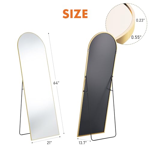 OLIXIS Arched Mirror Full Length 21.6"x 64" for Bedroom, Full Body Mirror with Stand, Hanging or Leaning for Wall, Aluminum Alloy Thin Frame Floor Standing for Living Room, Long, Gold - color: Gold-arched, size: 64"L x 21.1"W