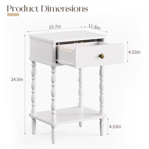 Yoobure White Nightstand with Drawer - Small Side Table with Wood Legs | Accent Night Stand Bedside Table for Bedroom, Mid Century Modern End Tables Living Room, Vintage Nightstands for Small Space - color: White
