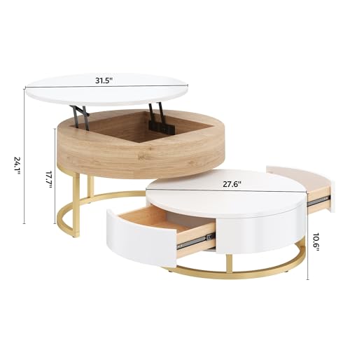 Modern Round Lift-top Nesting Coffee Tables with 2 Drawers for Living Room White & Natural - color: Oak Natural Wood + Antique White