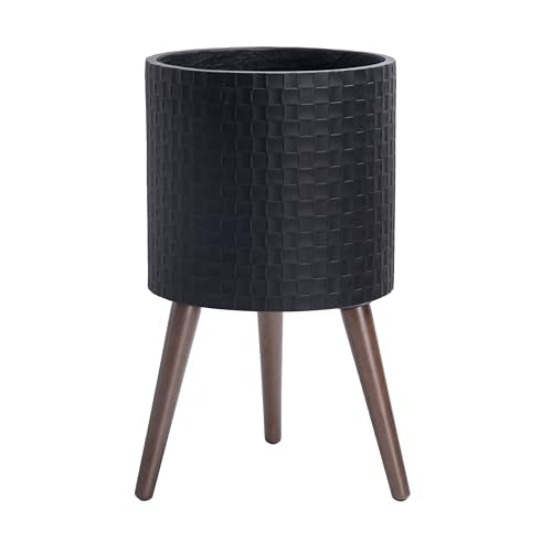 D'vine Dev Planter Pot with Wood Stand, 12 in, Matte Black, 88-Z-C-2 | Mid-Century Modern Style, Elevated Plant Display, Drainage Hole and Plug, Functional & Stylish, Modern Indoor Planter - color: Matte Black, size: Large