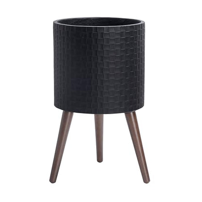 D'vine Dev Planter Pot with Wood Stand, 12 in, Matte Black, 88-Z-C-2 | Mid-Century Modern Style, Elevated Plant Display, Drainage Hole and Plug, Functional & Stylish, Modern Indoor Planter - color: Matte Black, size: Large