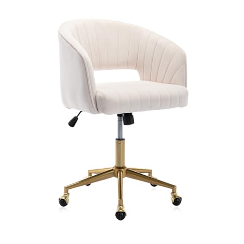 Eifizek Velvet Office Desk Chair, Modern Home Desk Chair with Wheels & Gold Base, Swivel Vanity Chair for Bedroom, Office, Living Room Vanity Study (Ivory) - color: Beige